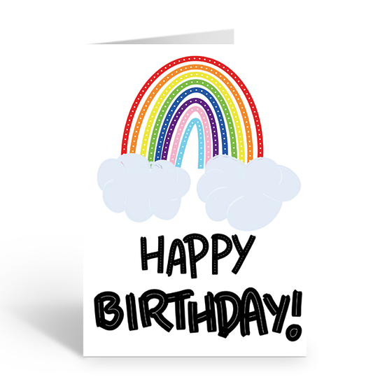 Happy Birthday Greeting card with a rainbow and clouds design on a white background