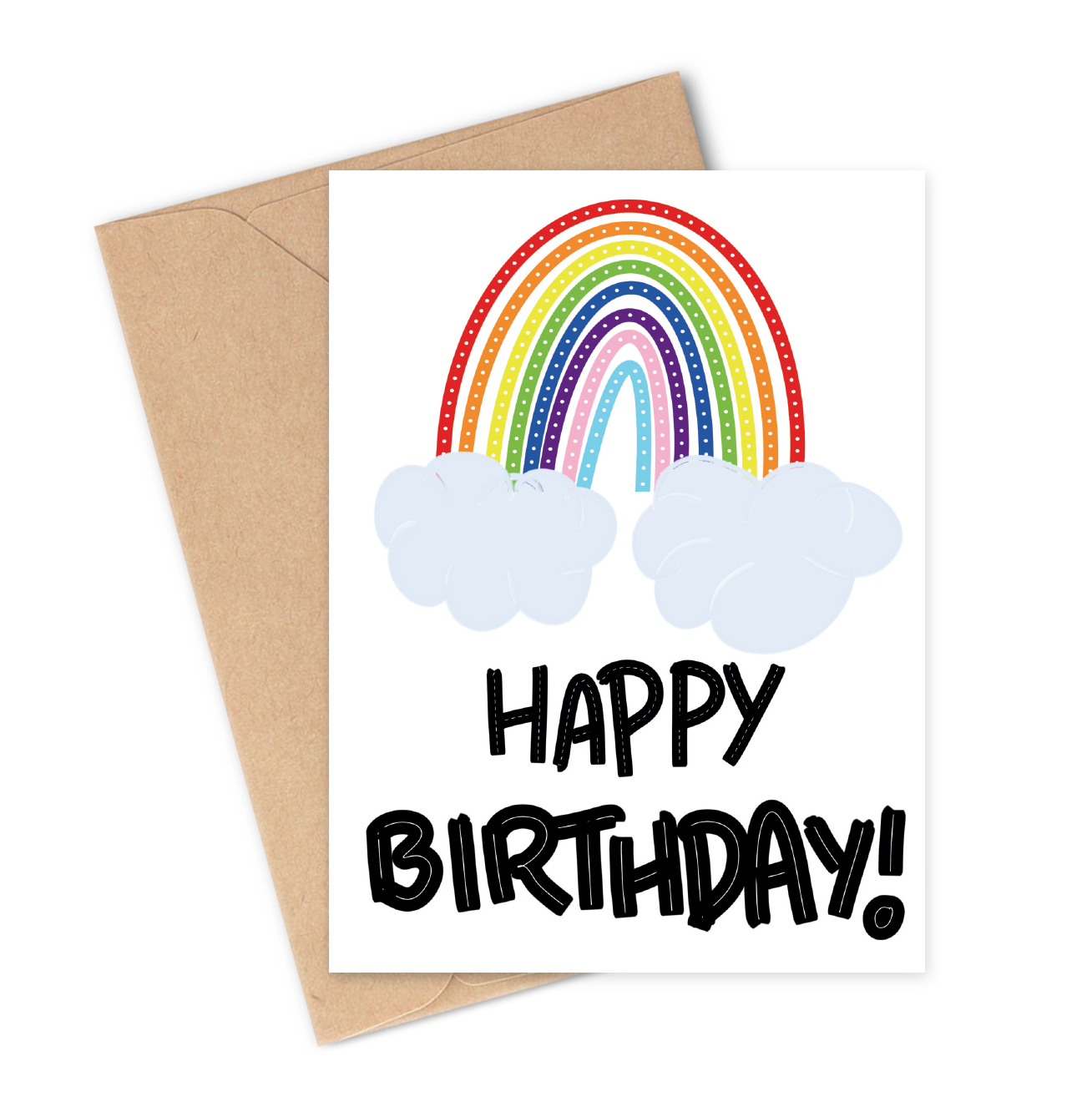 Birthday card with rainbow and clouds design on a white background with brown envelope.