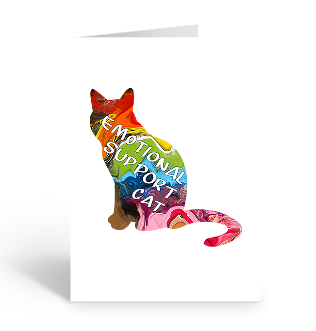 Colourful progress pride cat-shaped card with 'Emotional Support Cat' text on a white background