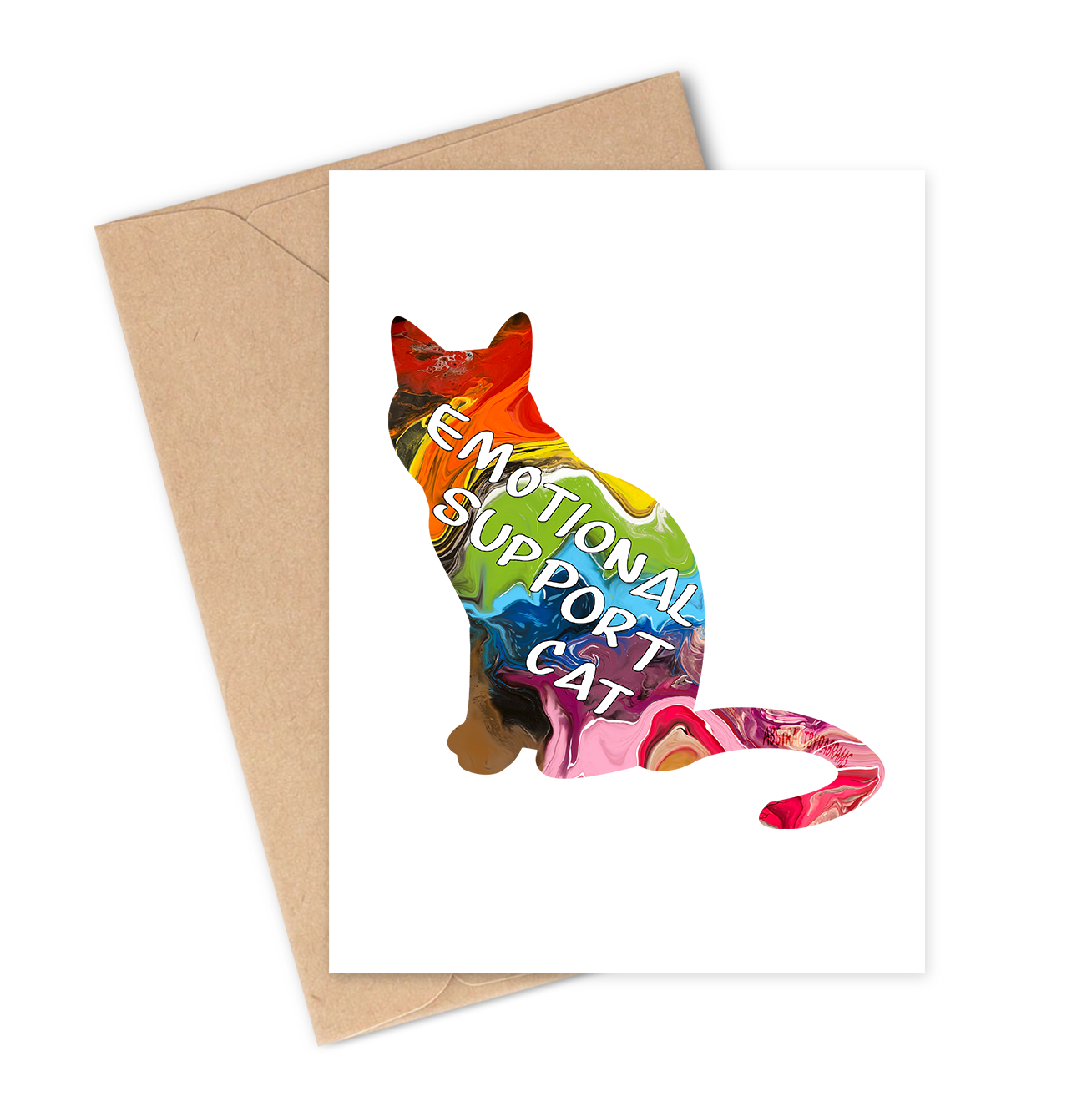 Greeting card with a colourful progress pride cat illustration and 'Emotional Support Cat' text, featuring a brown envelope.