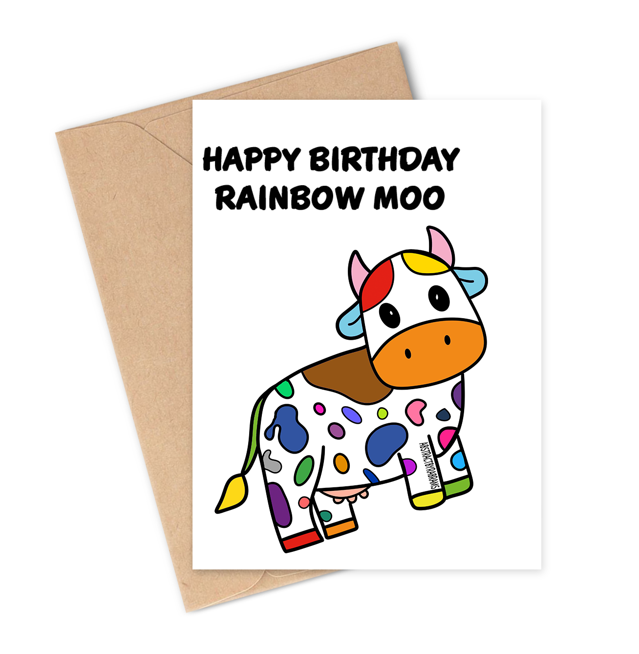 Colourful rainbow cow with text happy birthday rainbow moo with brown envelope