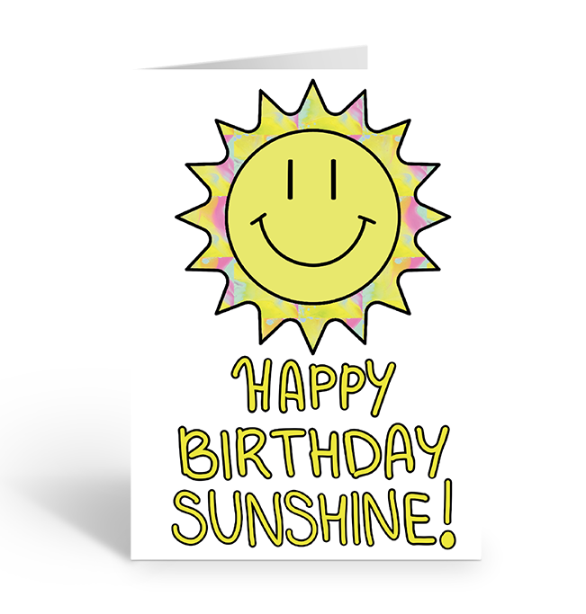 Happy Birthday Sunshine card with a smiley sun design on a white background