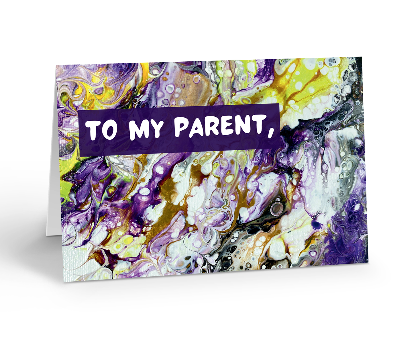 Greeting card with abstract design and 'To my parent' text on a marbled non-binary pride flag coloured background. 