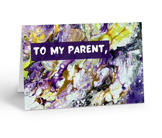 Greeting card with abstract design and 'To my parent' text on a marbled non-binary pride flag coloured background. 