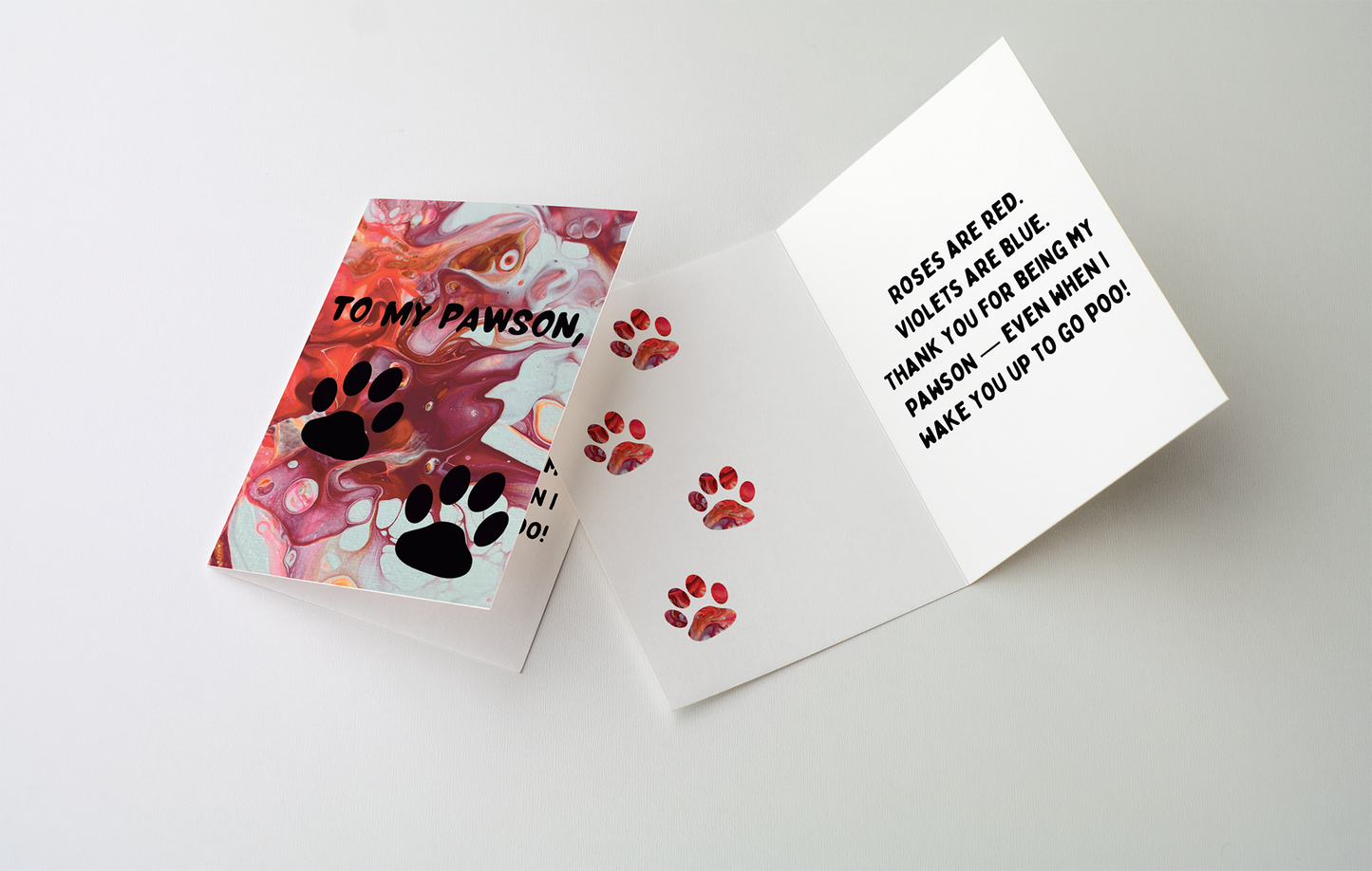 Greeting card with paw prints and text To My Pawson with a cheeky poem inside card.