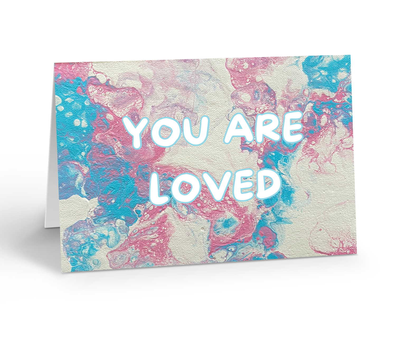Greeting card with 'YOU ARE LOVED' text on a marbled trans pride flag coloured background