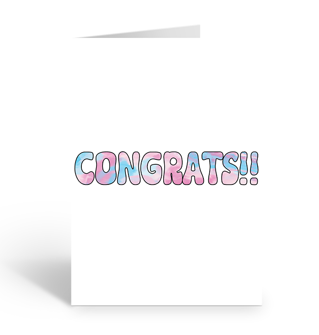Greeting card with 'CONGRATS!!' in trans pride flag coloured text on a white background.