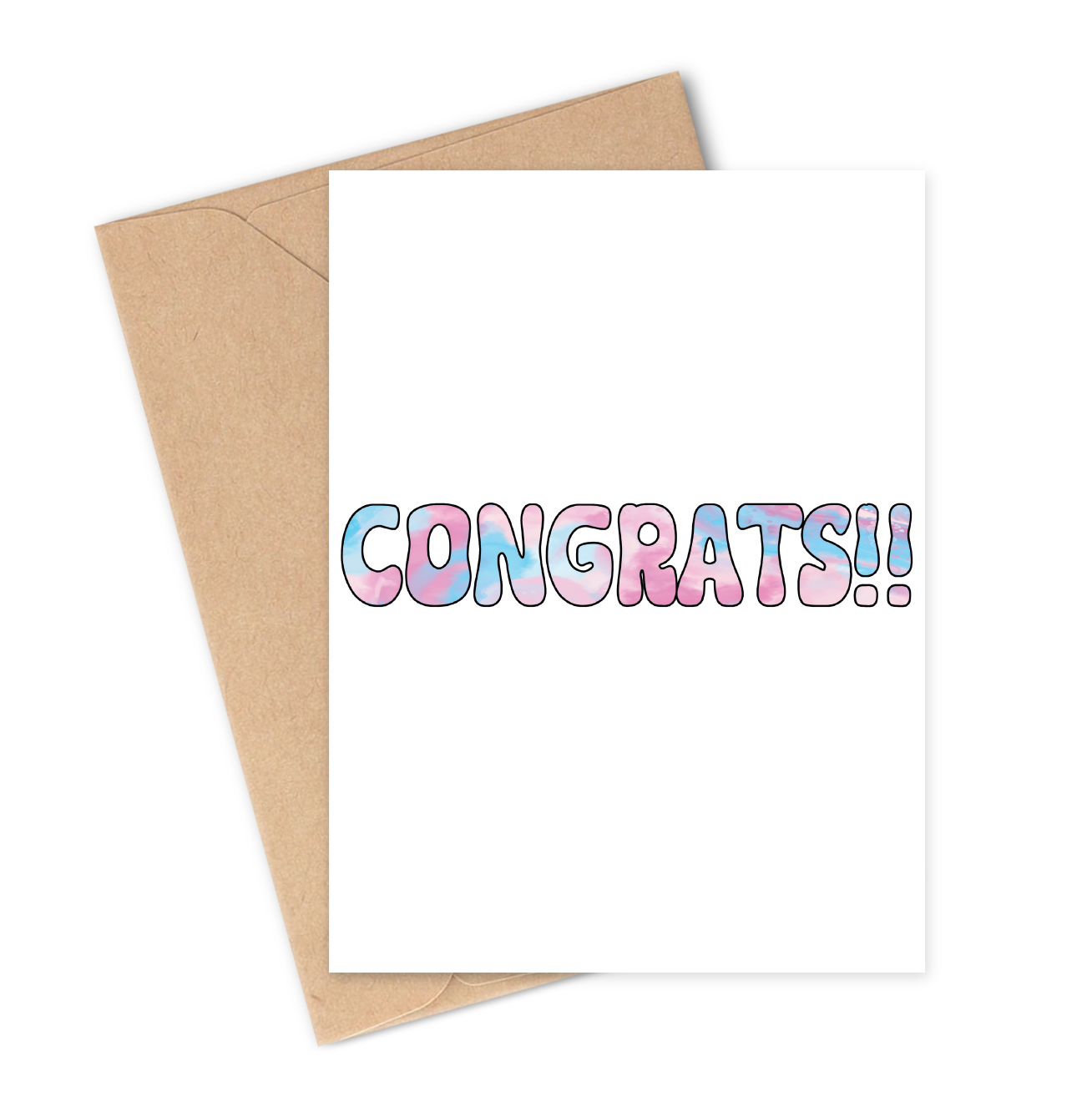 Greeting card with 'CONGRATS!!' in trans pride flag coloured text on a white background, featuring a brown envelope.