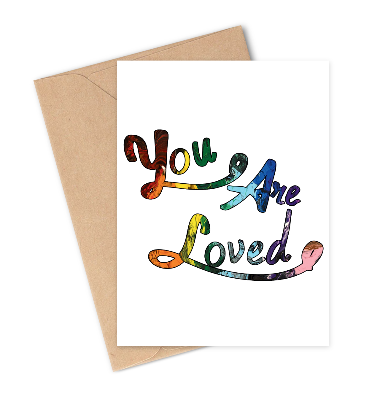 Greeting card with 'You Are Loved' text in rainbow colors on a white background with a brown envelope.