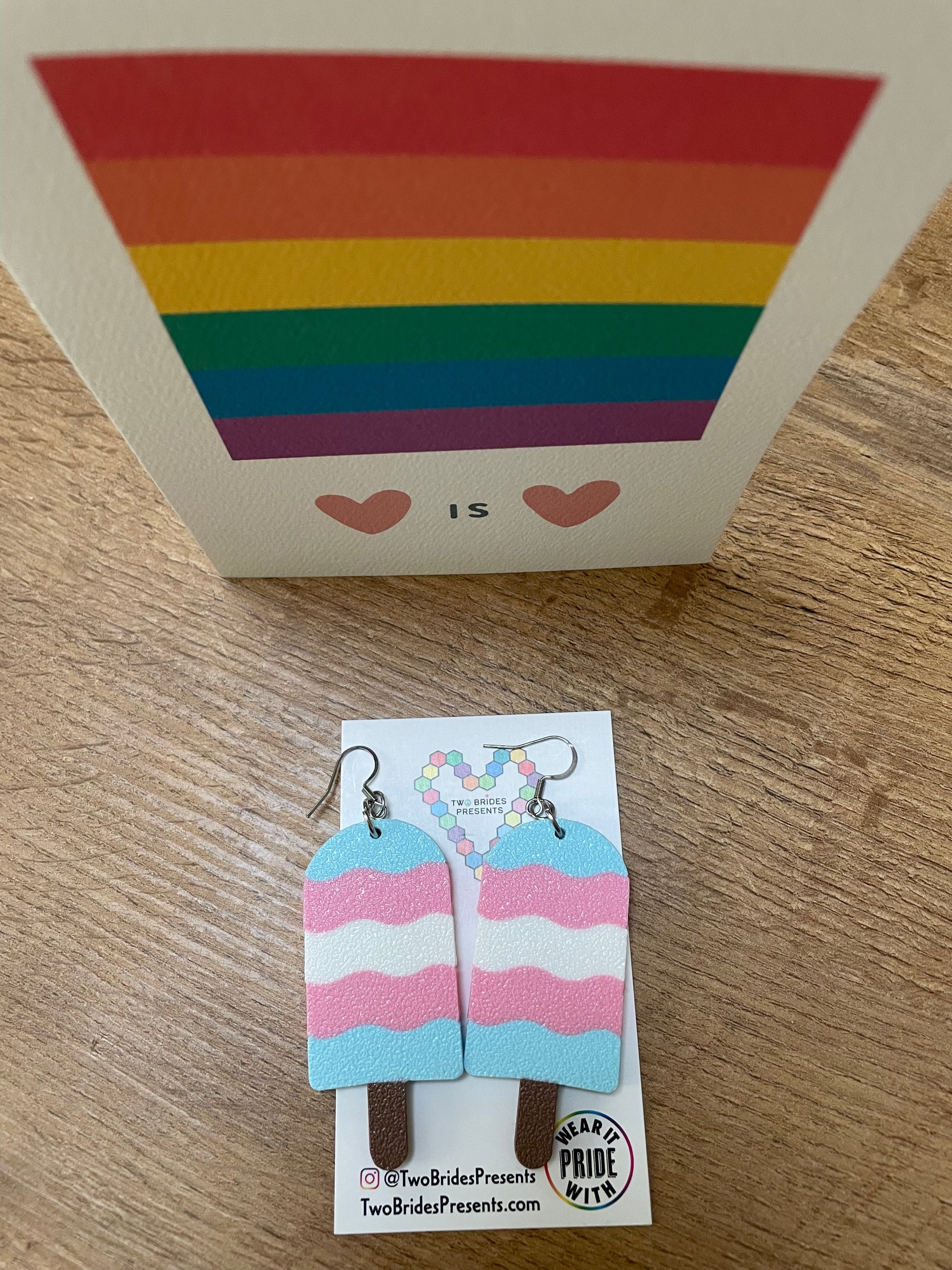 TRANS PRIDE POP 3D LGBTQ+ Drop / Dangle Earrings with love is love rainbow greeting card.