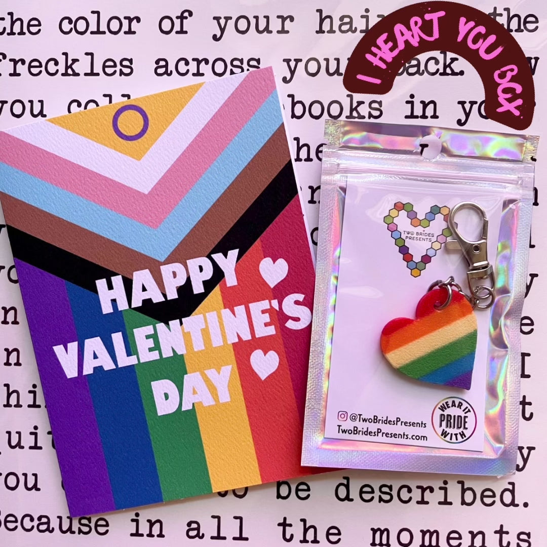 I heart you gift box includes Valentine’s Day card, rainbow pride key chain, A4 Courtney Peppernell poetry print & more.