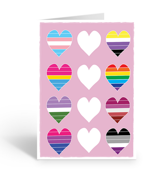 One Love Greeting Card featuring trans, non-binary, pansexual, rainbow, genderqueer, lipstick lesbian, bisexual and asexual flag colours. 