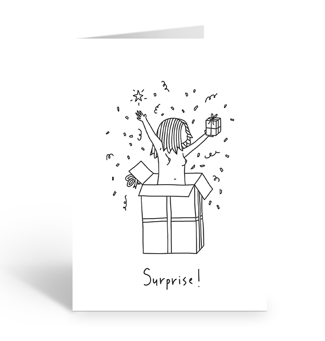 Surprise! person coming out of gift box greeting card