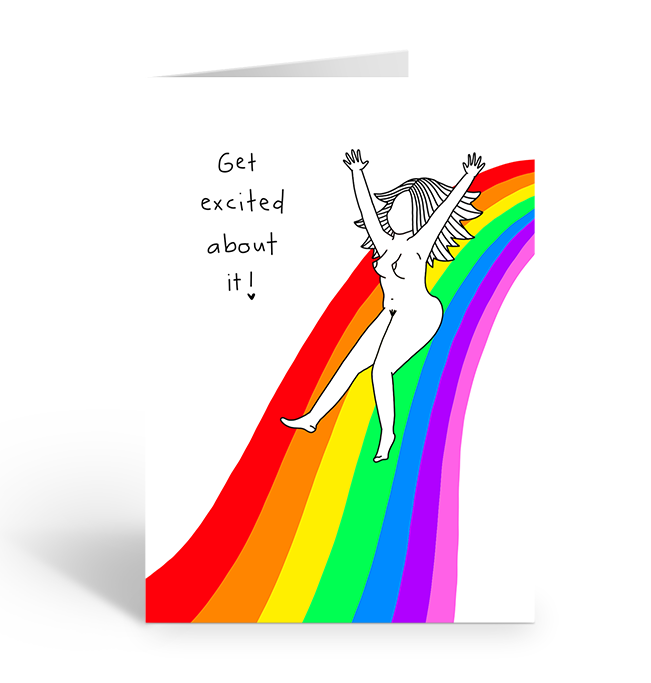 Get excited about it greeting card with person on rainbow slide