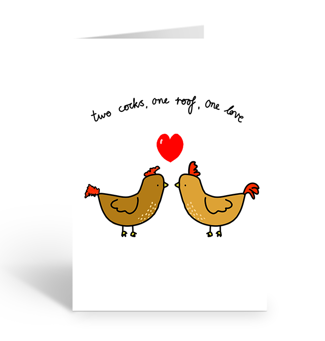 Two cocks, one roof, one love greeting card