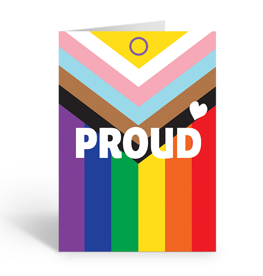 Proud All Inclusive Progress Pride Flag Greeting Card featuring trans, people of colour, intersex and rainbow flag colours
