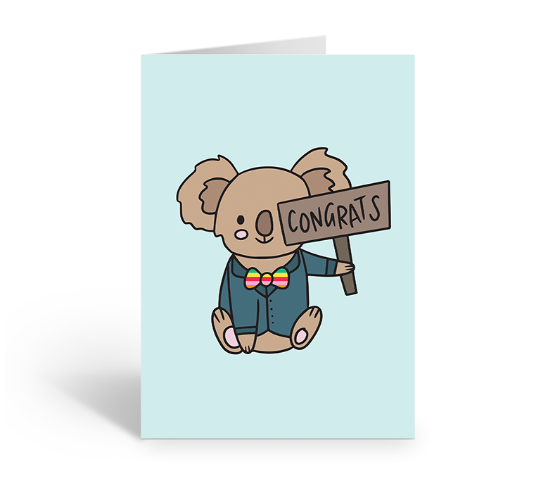 Koala with rainbow bow tie holding up a congrats sign greeting card