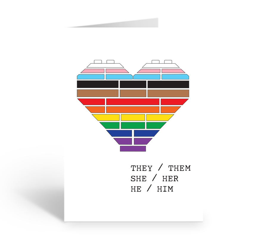 Pronouns They/them, she/her, he/him with progress pride flag card