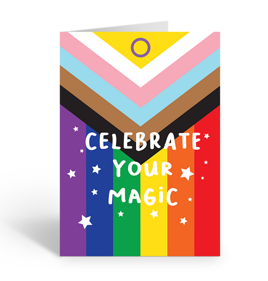 Celebrate your magic with all inclusive pride flag greeting card