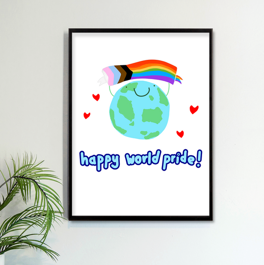 Happy World Pride Fine Art Print featuring trans, people of colour and rainbow flag colours. 