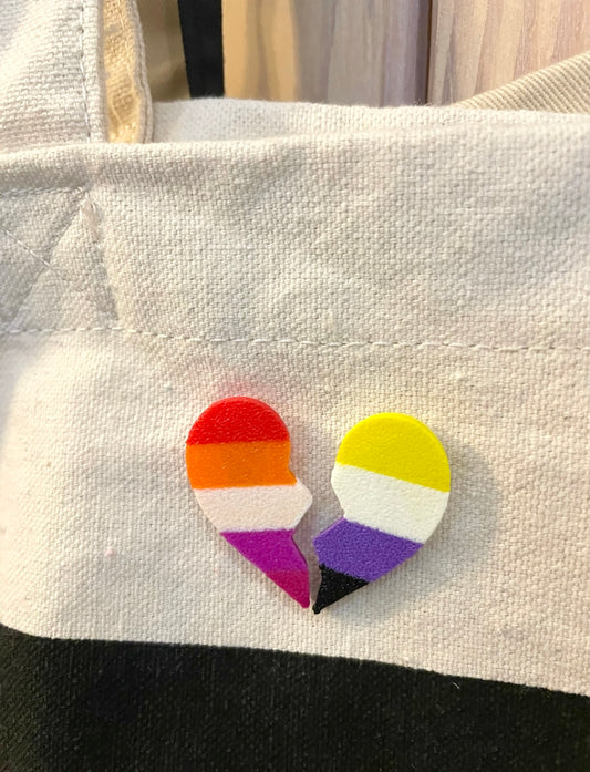 BFF Lesbian and Non-Binary Heart Pins made of plant based filament.